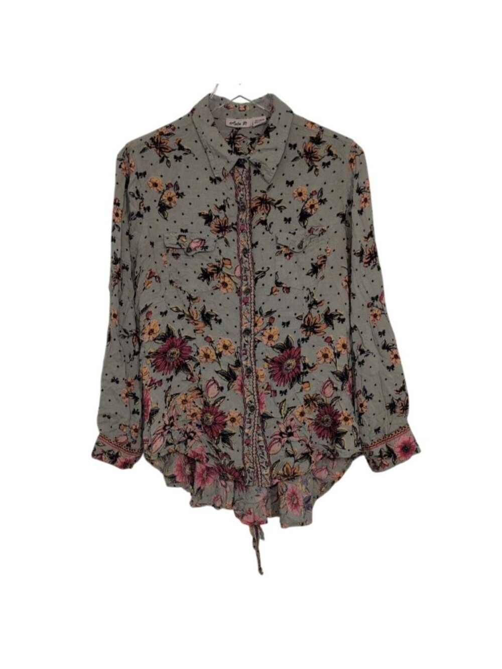 Lola P Floral Shirt Womens Size Large Green Boho Roll Tab Sleeves Button Front - Picture 3 of 12